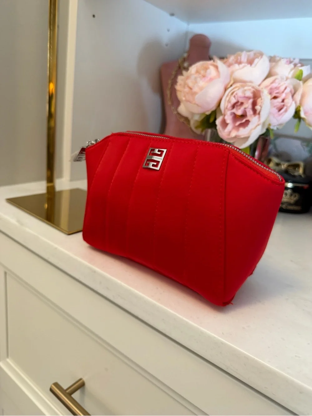 Red Quilted givenchy perfumes nwot Cosmetic zipper Pouch with Silver Logo